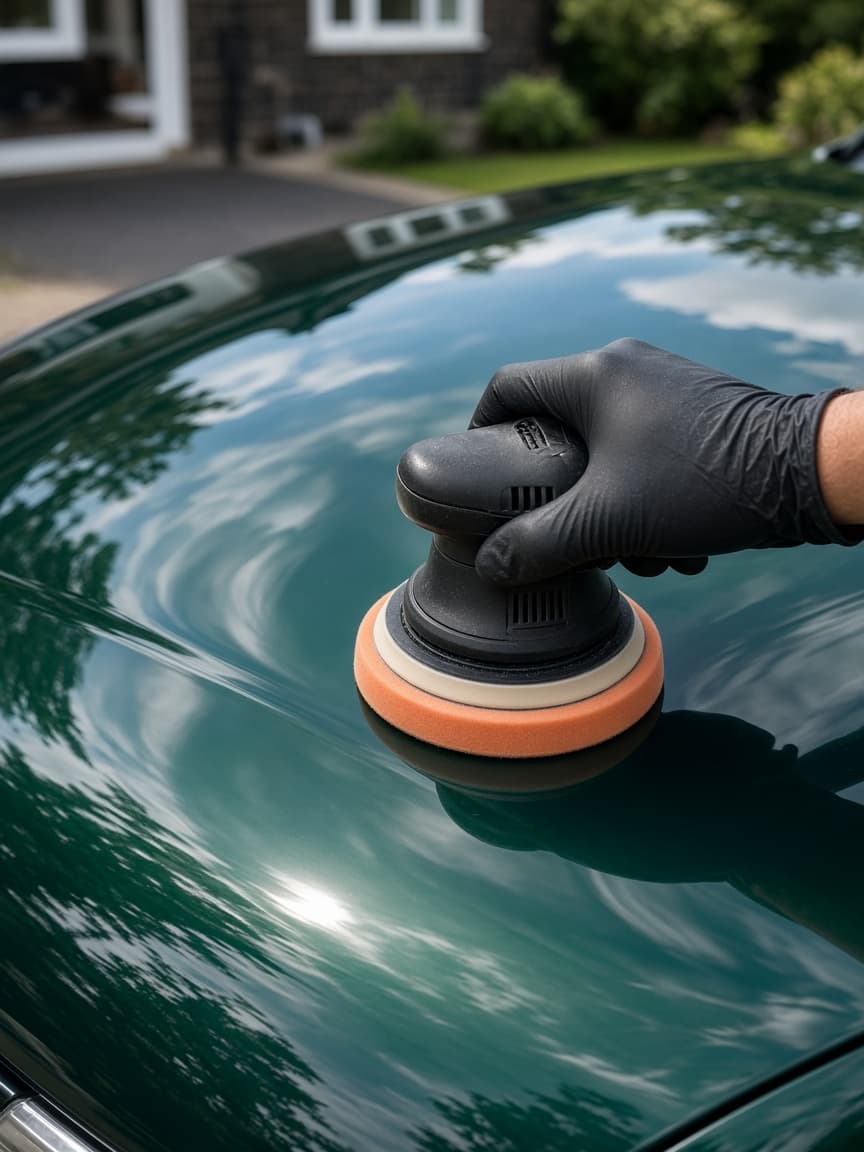 Machine polisher on a glossy green bonnet