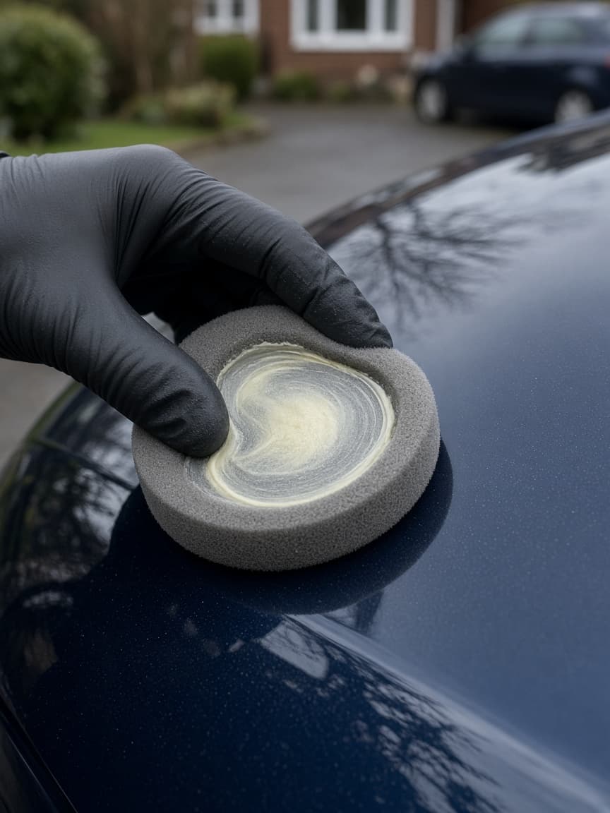 Wax on an applicator pad against navy paint