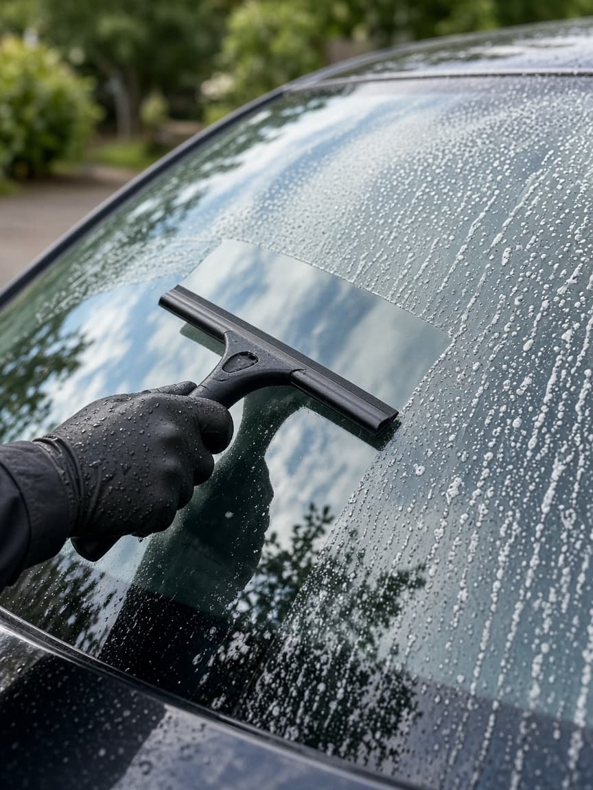 Squeegee clearing a wet car windscreen