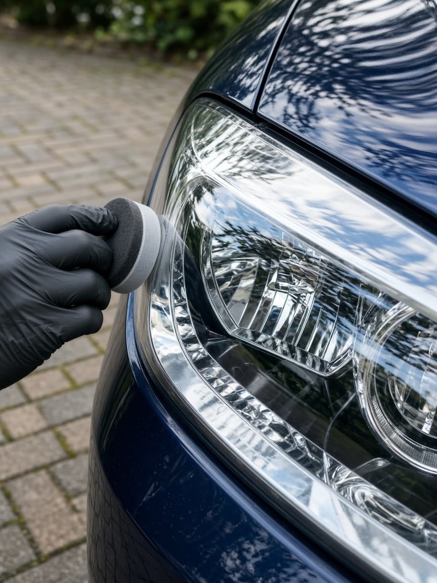 Clear headlight lens being finished with a polishing pad