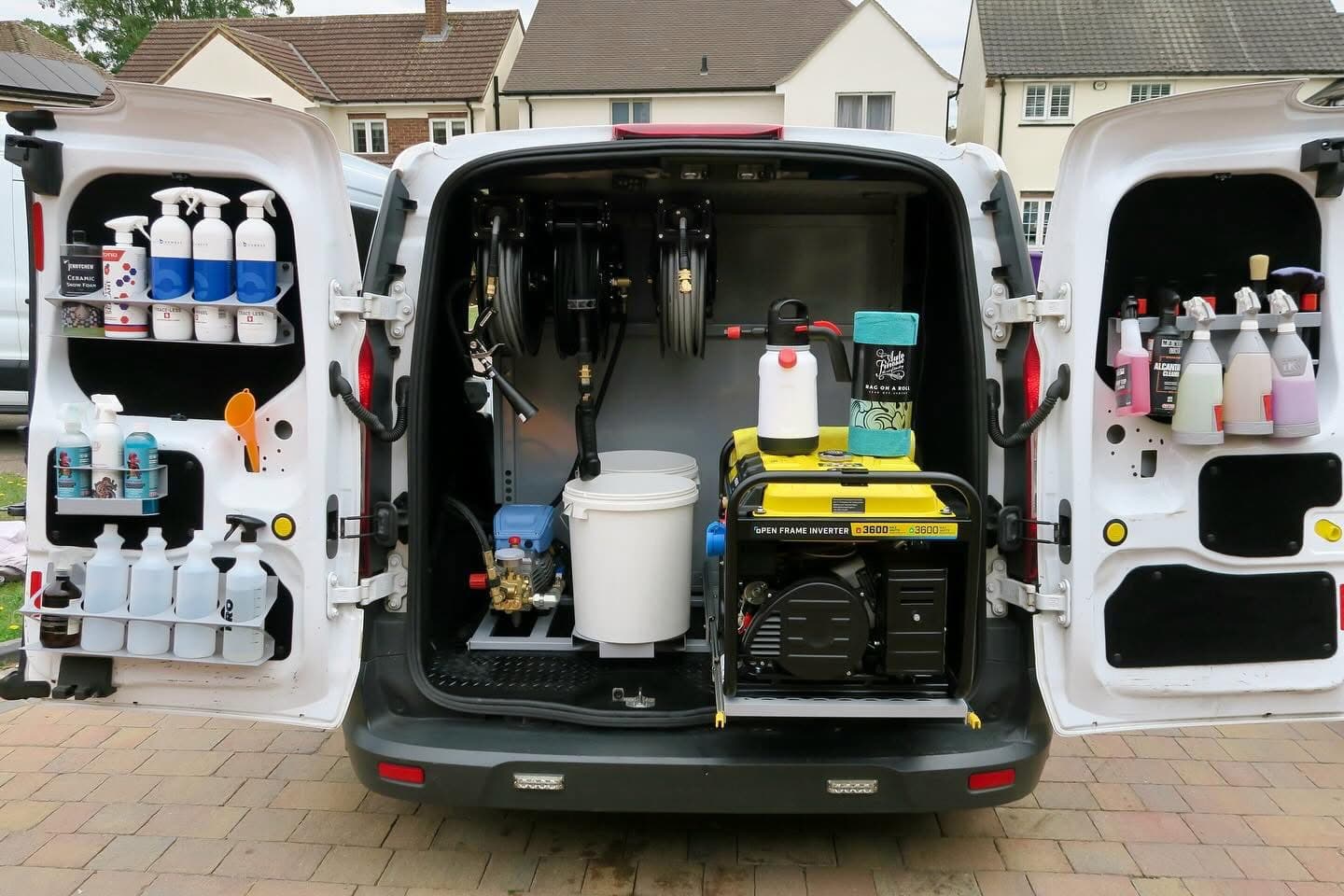 Kit laid out inside a mobile valeting van
