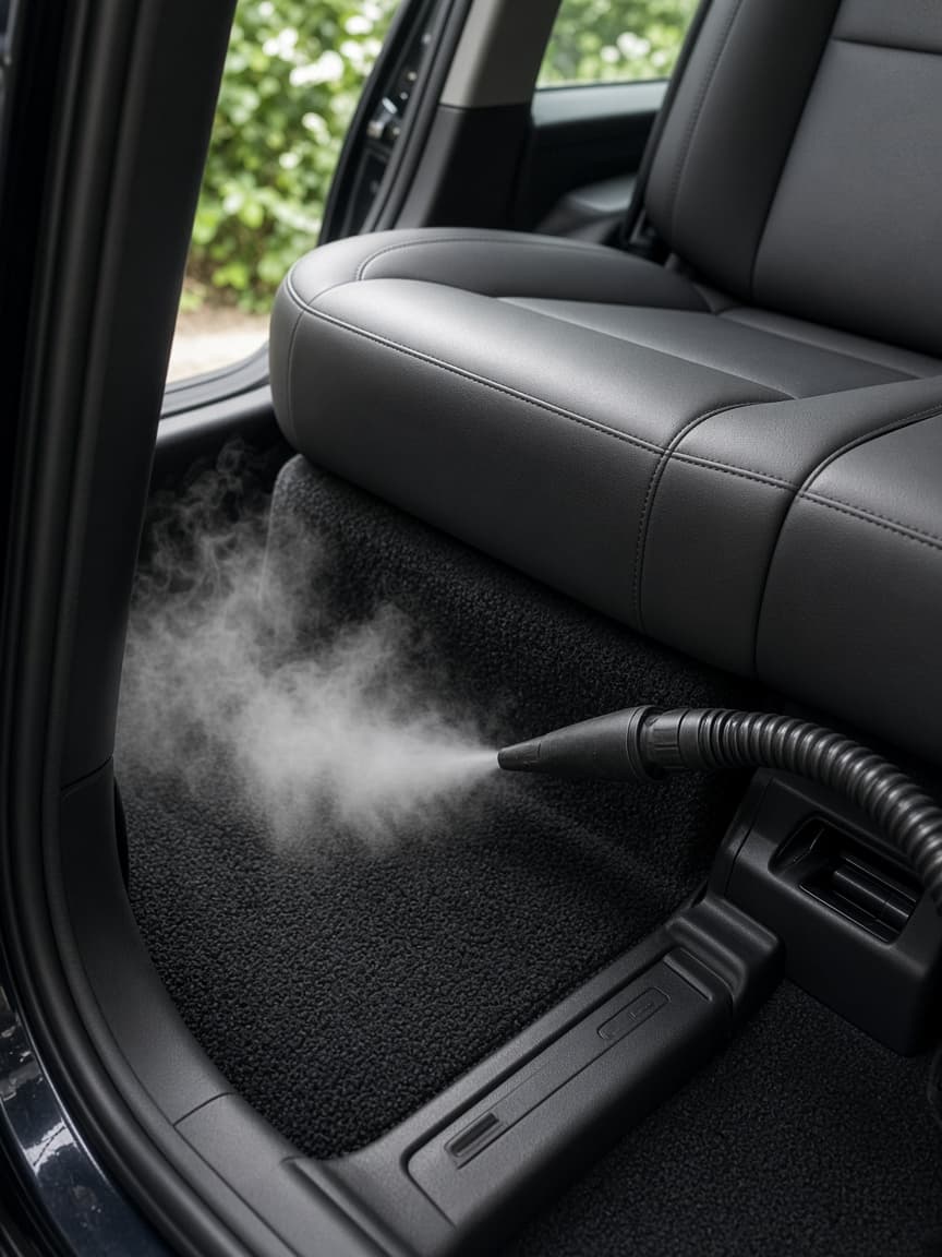 Steam cleaning a car seat and carpet