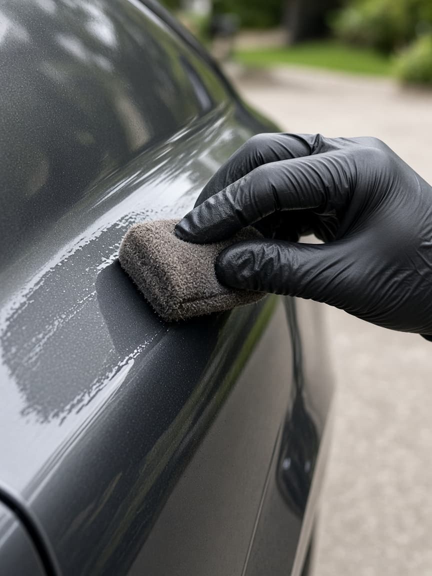 Paint protection being wiped onto a grey panel
