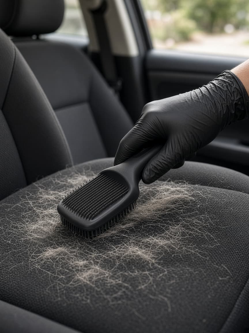 Pet hair being brushed from a fabric car seat