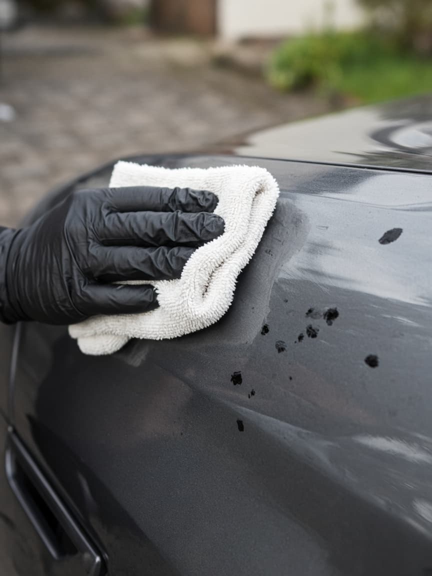 Tar spots being wiped from grey car paint